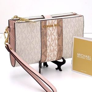 MICHAEL KORS LARGE DOUBLE ZIP WRISTLET WALLET POWDER BLUSH MULTI COLOR